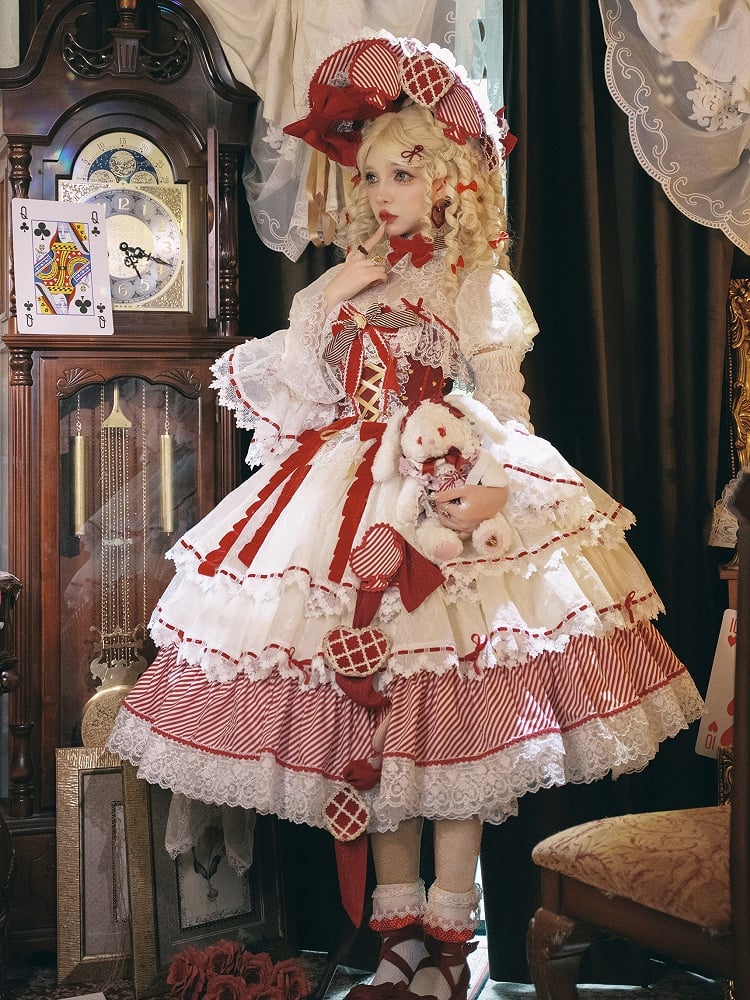 Red Queen Red Bow Accents Boned Corset Top + Tiered Skirt Gorgeous Hime Lolita Full Set