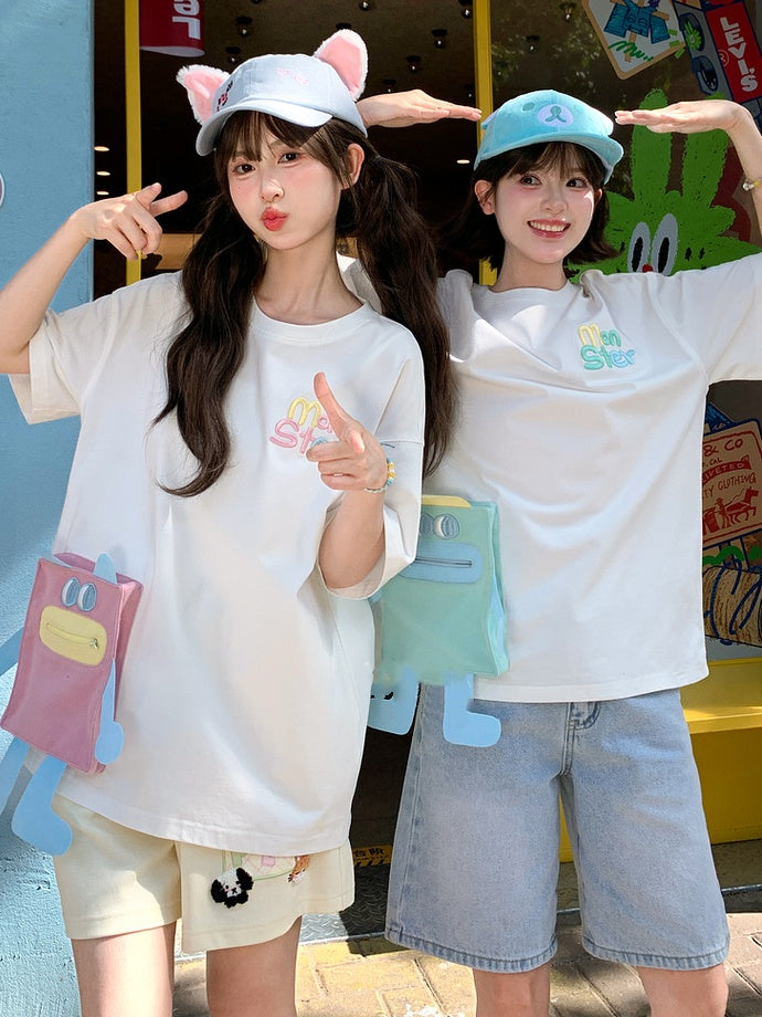 Blue/Pink Cartoon Pocket White Round Neck Loose T-shirt