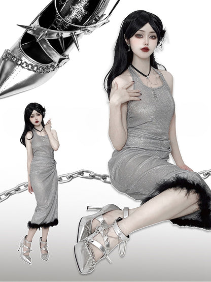 Spike Studs Coffin-shaped Buckles Silver Gothic Punk Stiletto Heels with Chains