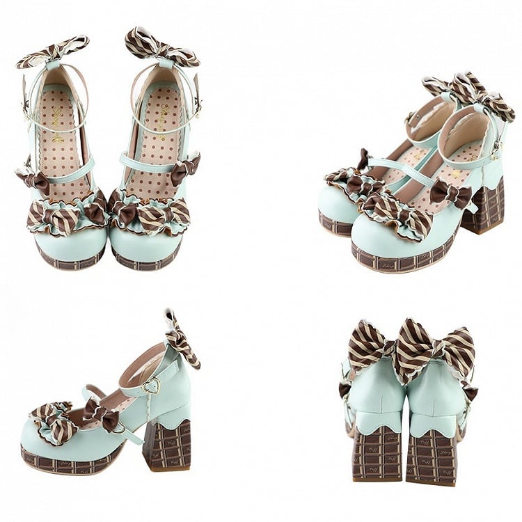 Green&Brown Striped Bowknot Details Heart Buckle Chocolate Platform High Block Heels Mary Janes