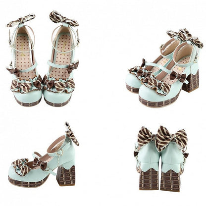 Green&Brown Striped Bowknot Details Heart Buckle Chocolate Platform High Block Heels Mary Janes
