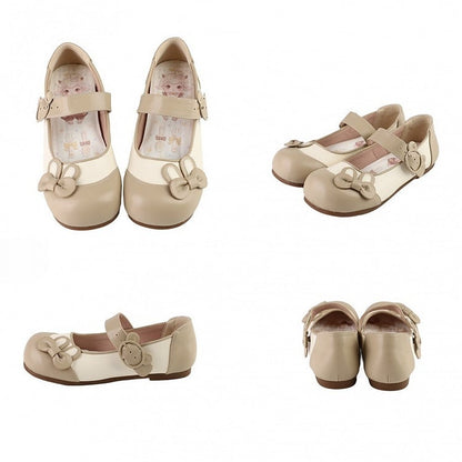 Khaki Bunny Ear Bowknot Decorated Bear Buckle Flats