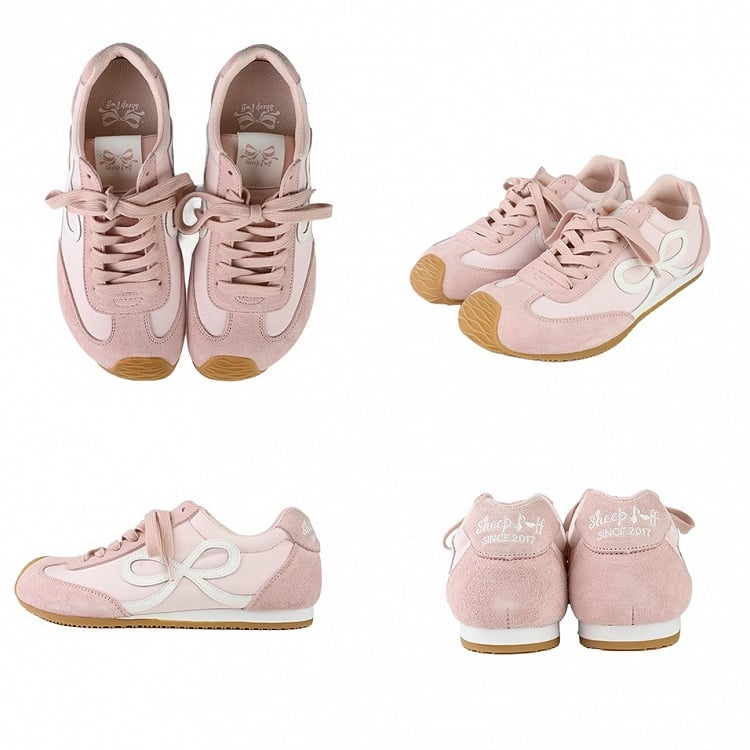 Pink Bowknot Design Front Lace-up Ties Sneakers
