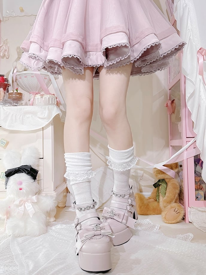 Matte Pink Jirai Kei Rhinestone Decorated Heart-shaped Buckle Design Bow at Top Platform High Block Heels