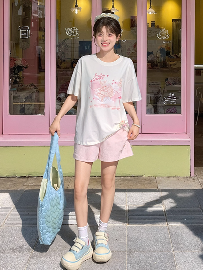 Sweet Pink Bunny Print White Round Neck Loose T-shirt