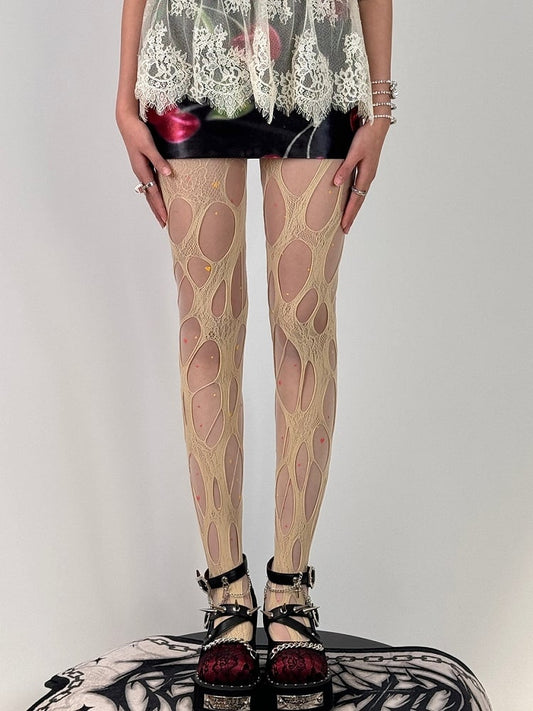 White/Beige/Black/Brown Y2K Asymmetrical Design Cut-out Details Tights