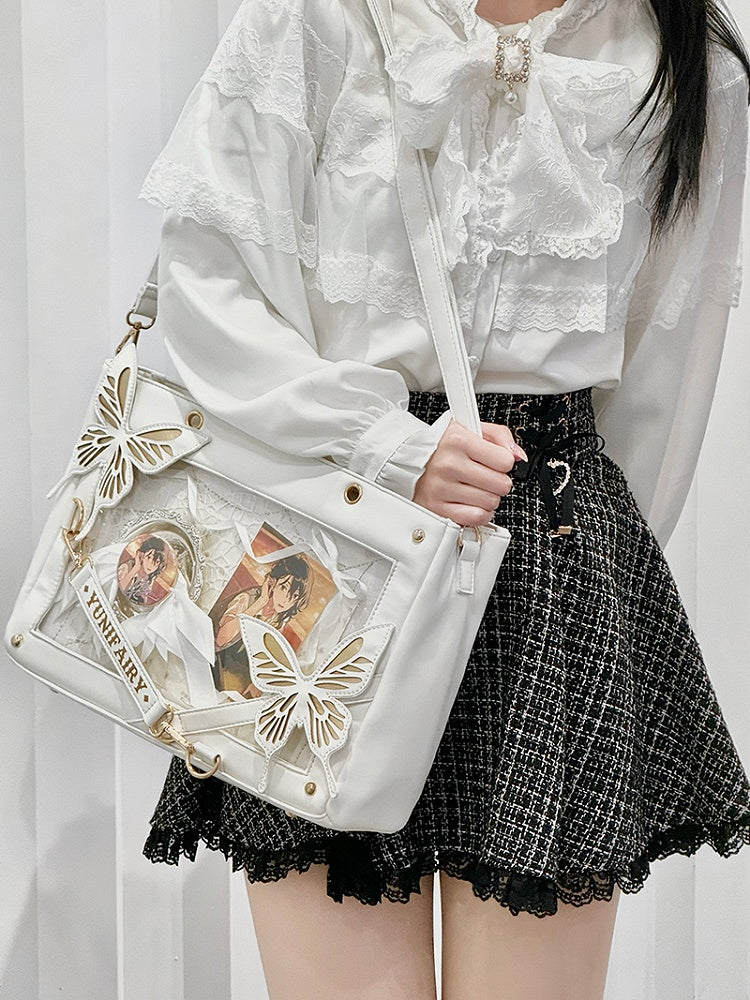 Gold Detachable Butterfly Spiderweb Detail White Ita Shoulder Bag