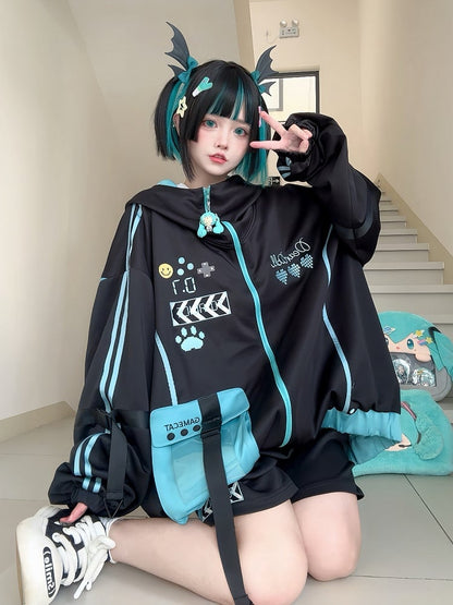 Black and Blue Futuristic Techwear Cyberpunk Hooded Jacket