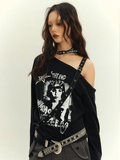 Punk Y2K Black Asymmetrical Cutout Shoulder Top
