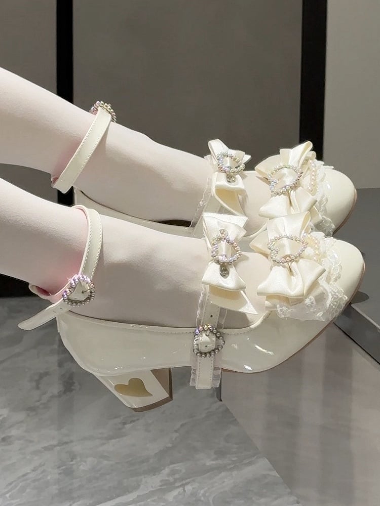 White Bow at Top Heart Cut-out Heels Mary Janes