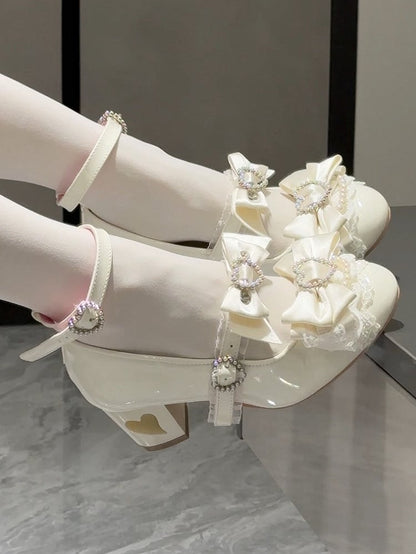 White Bow at Top Heart Cut-out Heels Mary Janes