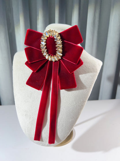 Rhinestoned Velvet Big Bow Brooch Wine Red / Black / Dark Green