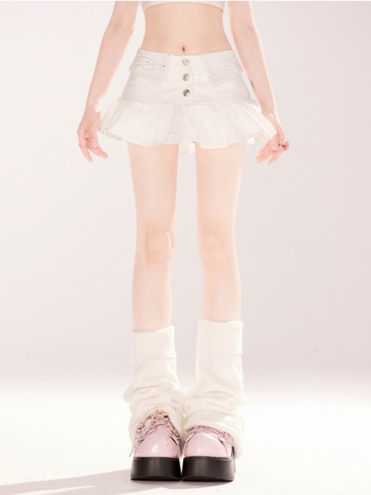 Rhinestones Embellished Foldover Waist White Mini Skirt