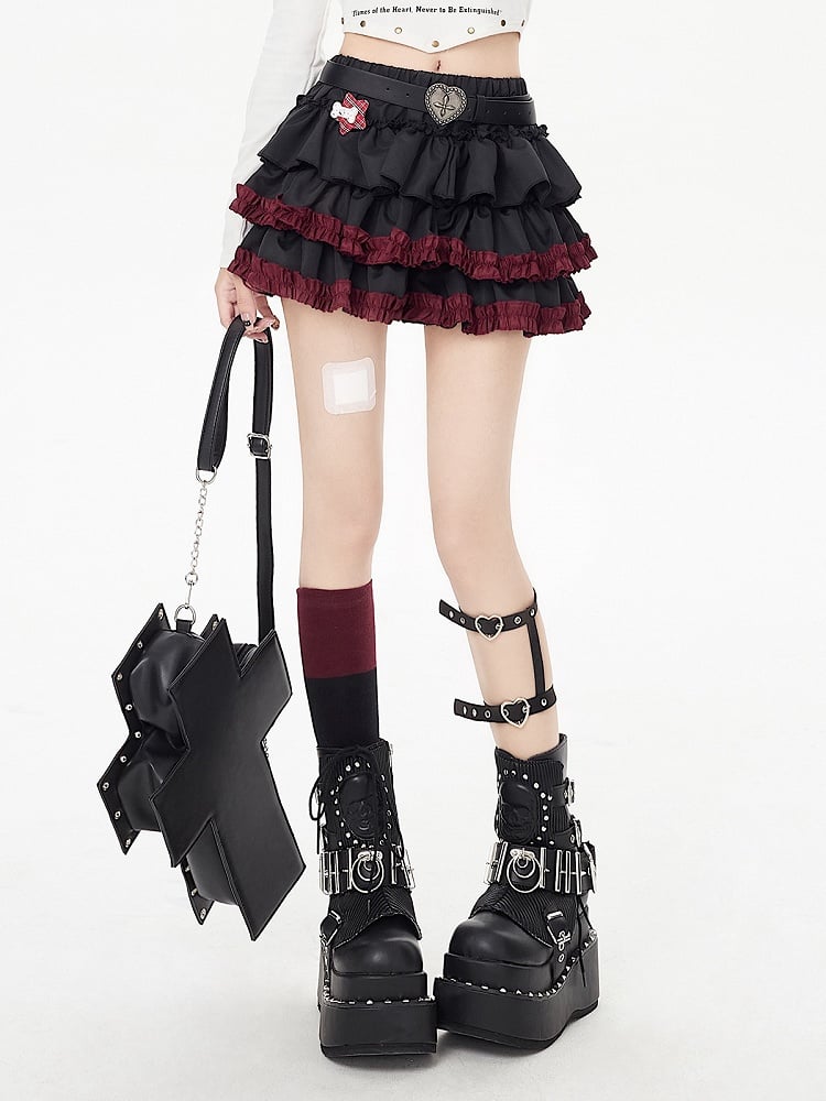 Ruffle Hem Black Punk Tiered Skirt with Free Waist Belt
