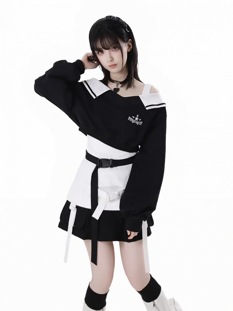 Wasteland Punk Black Snap Details Techwear Skirt