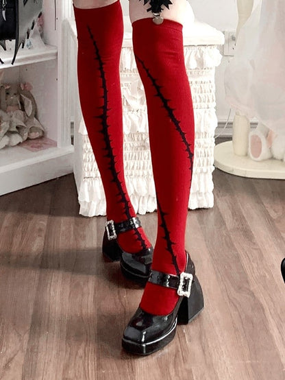 Black Bramble Pattern Red Gothic Lolita Overknee Stockings