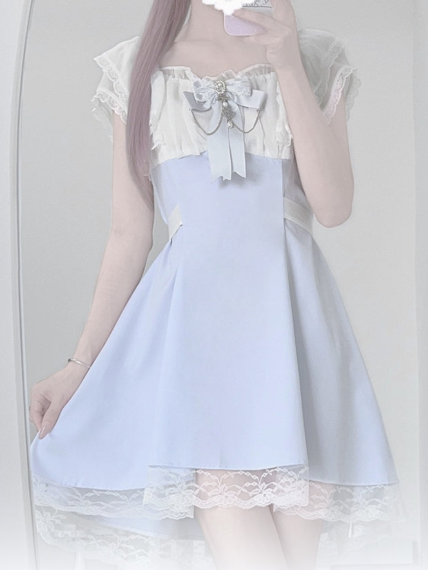 Jirai Kei Light Blue High Waist Lace Trim Dress with Chains Decorated Bowtie