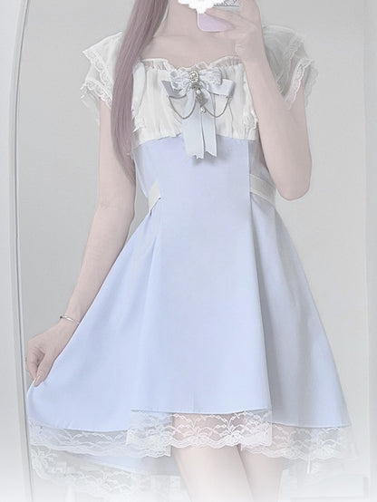 Jirai Kei Light Blue High Waist Lace Trim Dress with Chains Decorated Bowtie