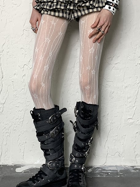 White/Black Y2K Floral Pattern Fishnet Tights