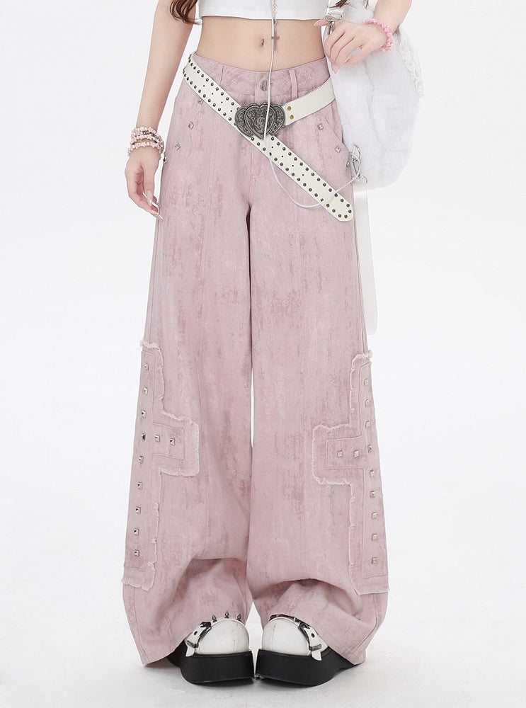 Light Pink Low Waist Studded Cross Appliques Wide-Leg Jeans
