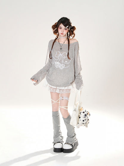 Cherry Embroidery Lace Patches Sleeves Gray Round Neck Coverup