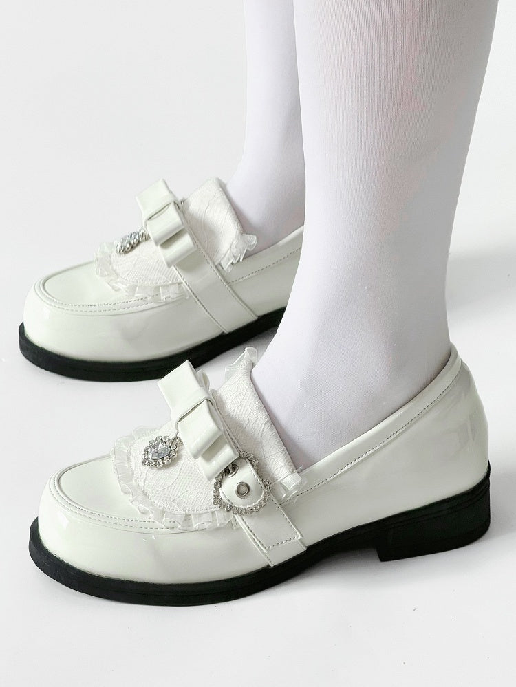 Rhinestone Heart Details & Bow Accent PU Polished White Low-heel Loafers in Jirai Kei