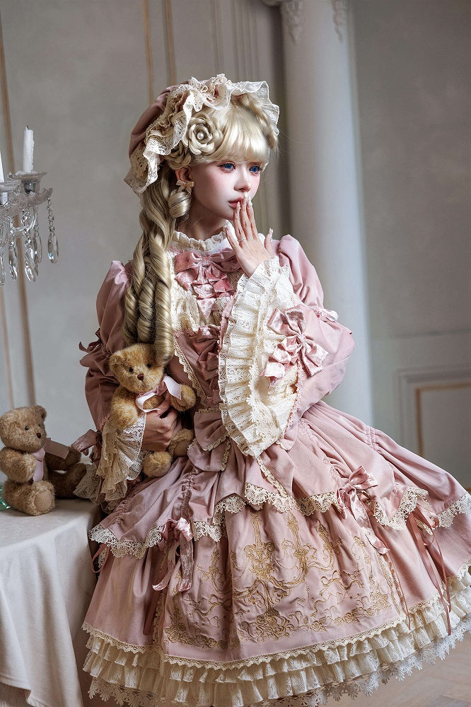 Candle and Candlestick Embroidery Pink Bell Sleeves Velvet Dress Lolita OP / Set