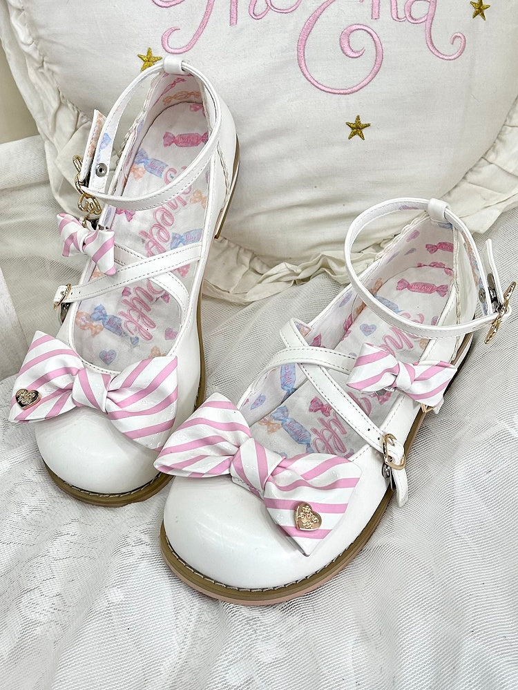 Striped Bow at Top White Sweet Round Toe Lolita Shoes Low Heels