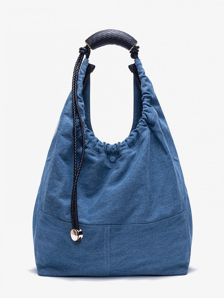Blue Denim Large Capacity Tote Shoulder Bag With Adjustable Braided Strap