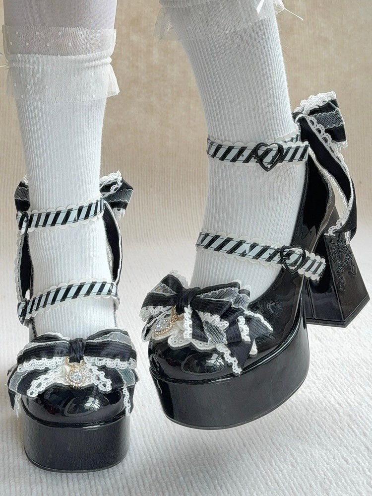 High Block Heel Elegant Black Mary Janes - Bowknot Details with Rhinestone Accents & Striped Closures