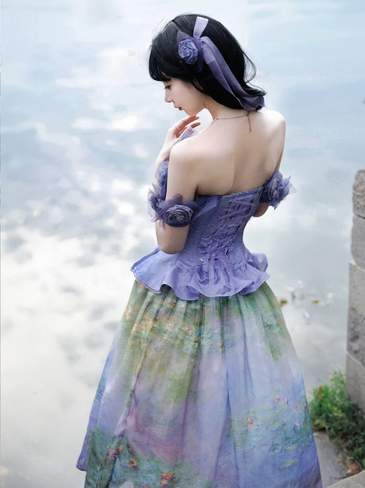 Purple Flounce Hem Boned Corset Top with Detachable Floral Adornments
