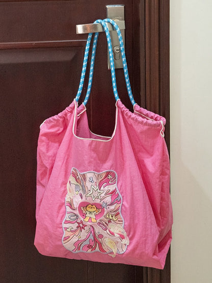 Lucky Charm Pink Large Capacity Tote Bag With Adorable Fortune Cat Embroidery