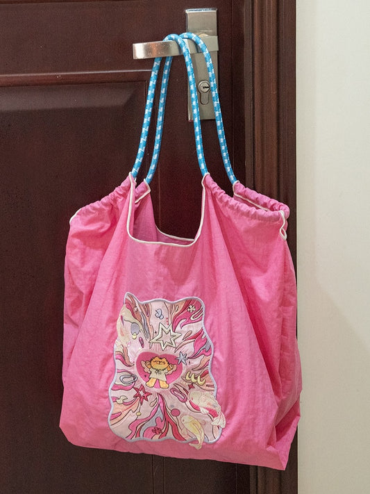 Lucky Charm Pink Large Capacity Tote Bag With Adorable Fortune Cat Embroidery