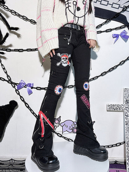 Skull and Chains Decorated Black Zips Design Punk Jeans