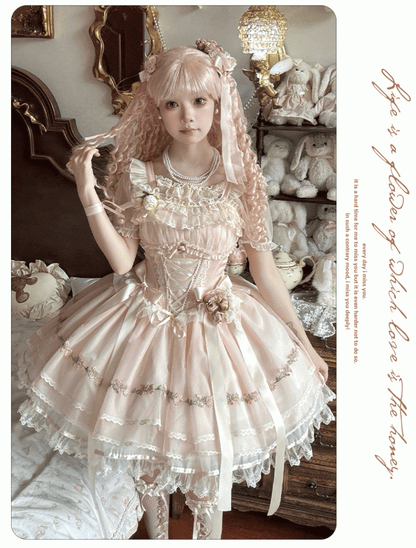 Pink Ribbon Bowknots Decoration Boned Waist Balletcore Sweet Lolita Dress Flutter Sleeves JSK
