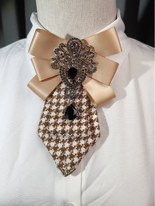 4 Options Rhinestone Decorated Bowknot Design Houndstooth Pattern Neck Tie