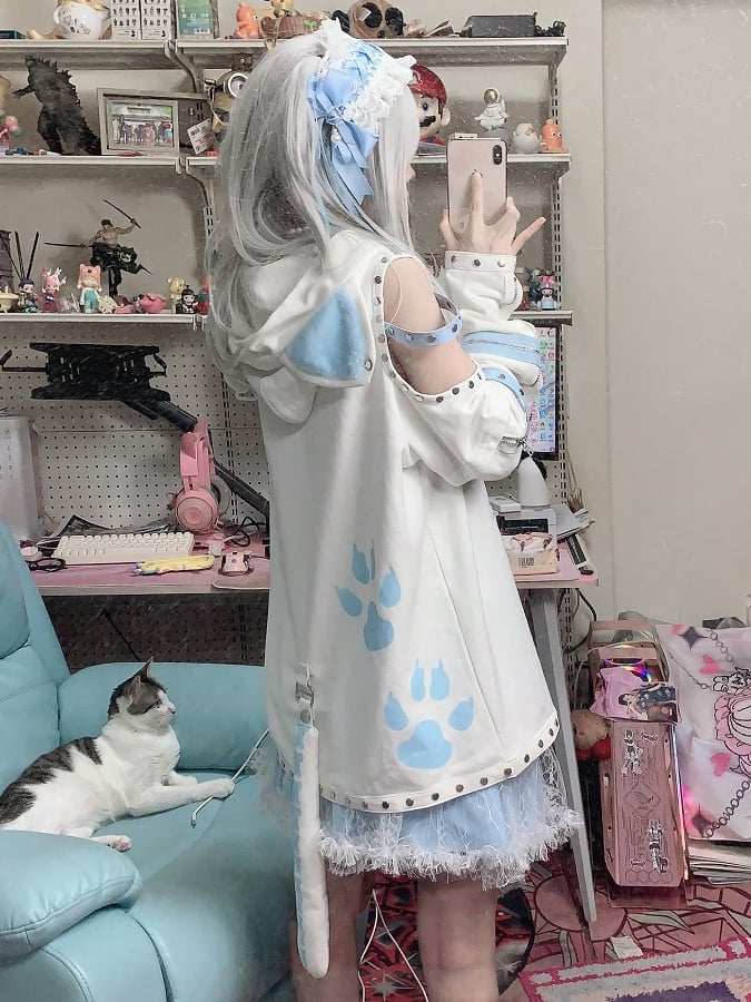 Skeleton Print Kitty Ears White Hoodie with Detachable Sleeves and Tail