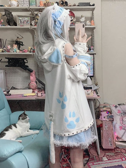 Skeleton Print Kitty Ears White Hoodie with Detachable Sleeves and Tail