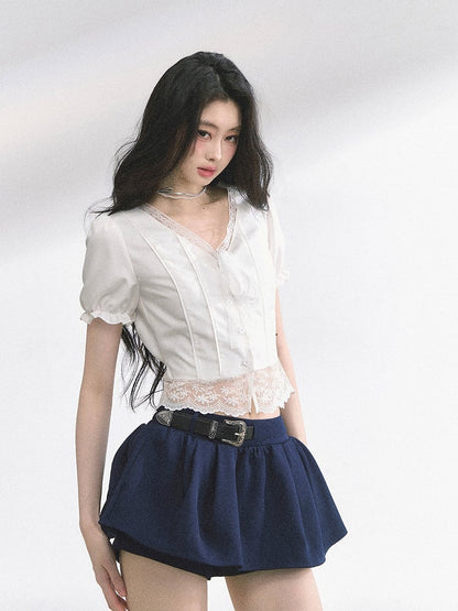 White Self-tie Straps Neckline Lace Hem Puff Sleeves Blouse