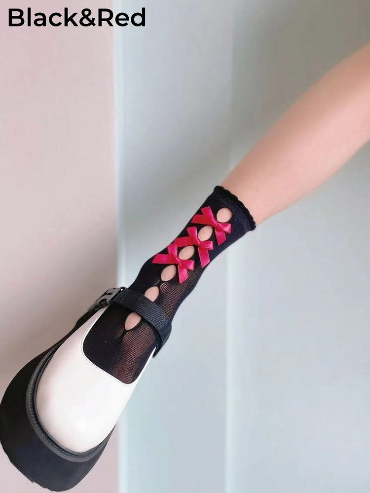 6 Colors Bowknots Cutout Lolita Calf Socks