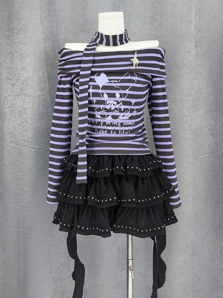 Y2K Off-the-shoulder Neckline Purple and Gray Striped Top with Free Scarf