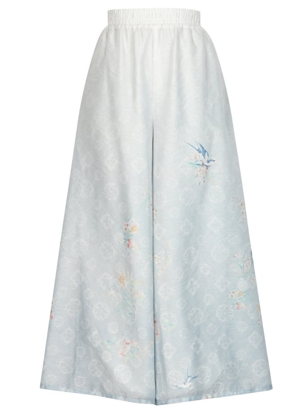 Floral Print Gradient Blue Chiffon Wide Leg Pants