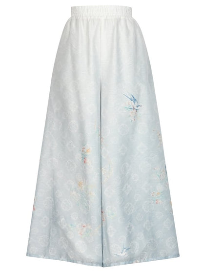 Floral Print Gradient Blue Chiffon Wide Leg Pants