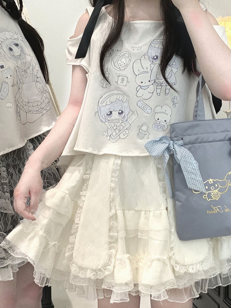 Bunny Ears Design Black/White/Pink Double-Layered Jirai Kei Lace Skirt