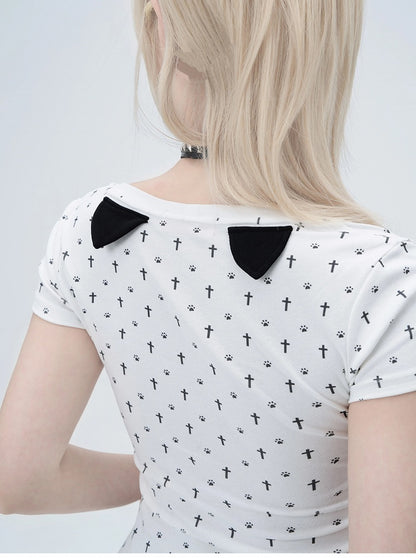 Pastel Gothic White Allover Cross and Cat Paw Print Cat Ears Detail at Back T-Shirt