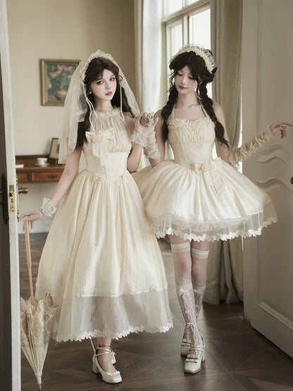 Elegant Beige Boned Basque Waist Self-tie Halter Neck Dress + Detachable Flower Bow + Hairband