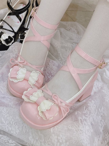 Bow Accents Crisscross Ankle Strap Pink Round Toe Sweet Mary Janes