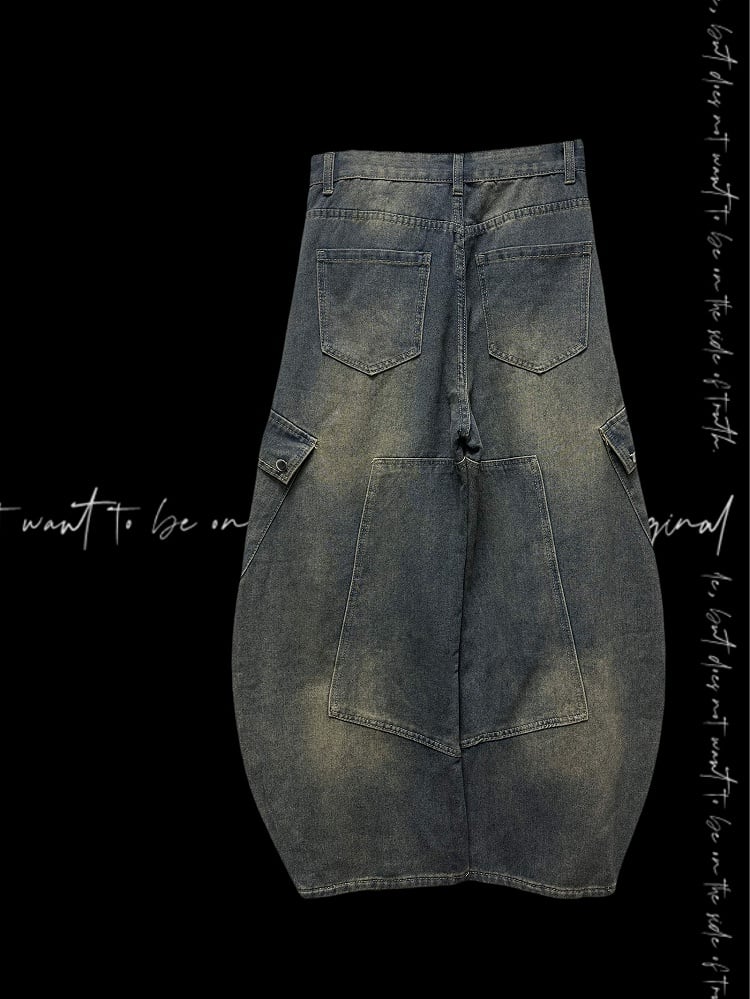 Blue Cross Applique Wasteland Punk Distressed Wide-leg Cargo Jeans