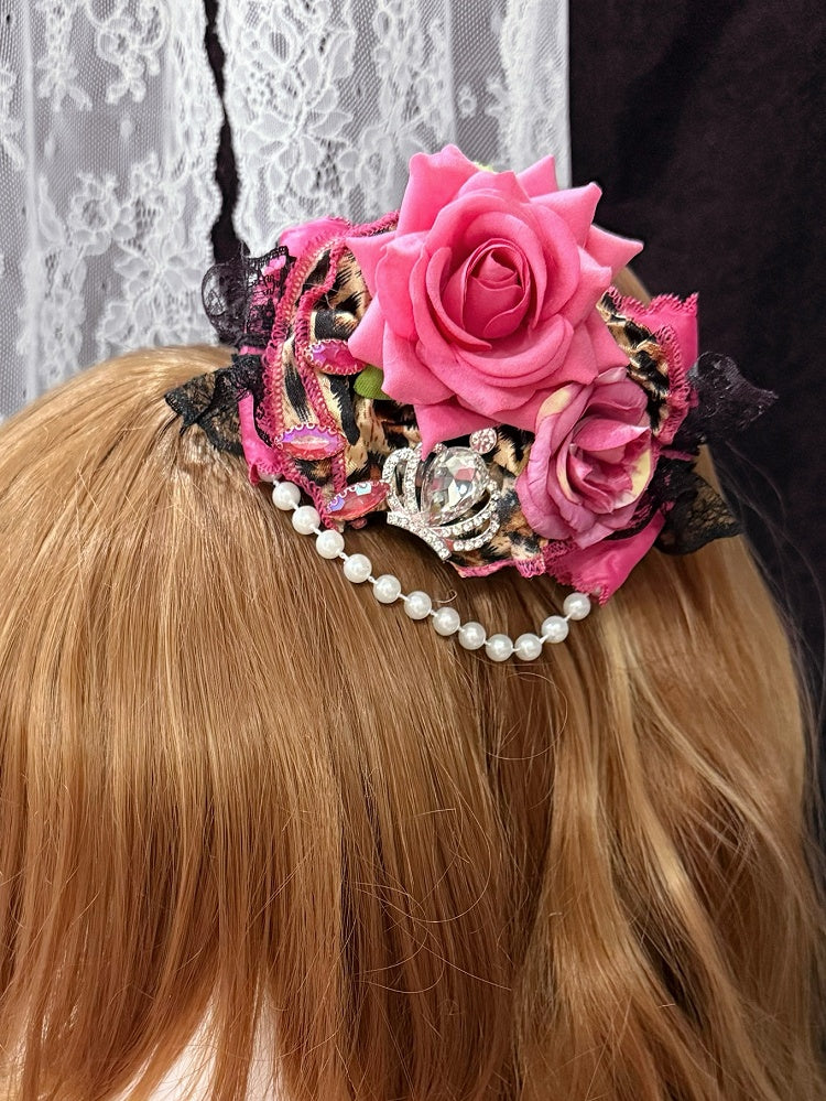 Black&Rose Pink Floral Design Rhinestone Crown Decorated Hairclip