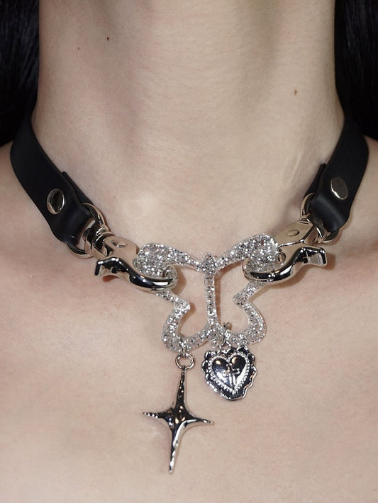 Black/Pink Star and Heart Gothic Punk Butterfly Choker